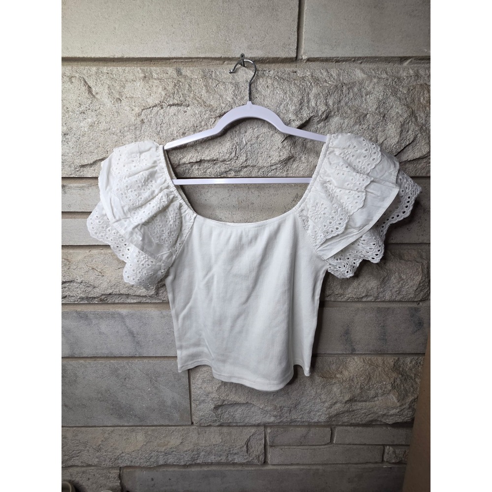 &merci White Eyelet Flutter Sleeve Ribbed Knit Scoop Neck Top Large‎ 0873